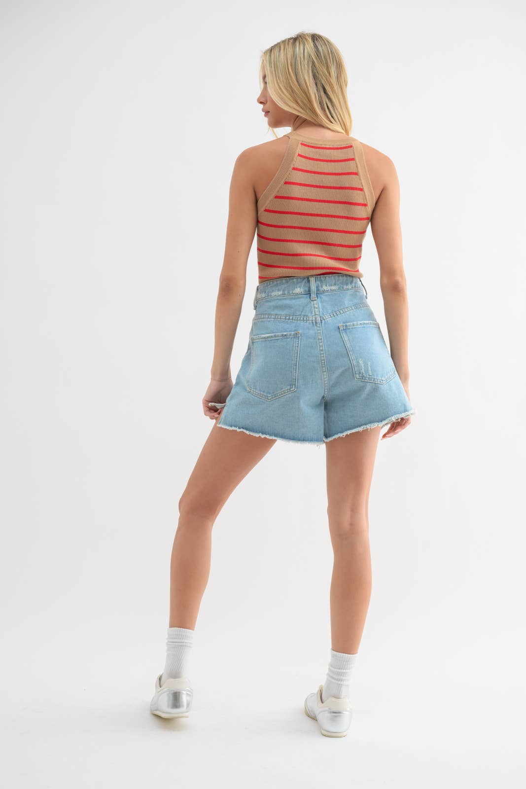 Cotton Denim Shorts with Distressed Detail