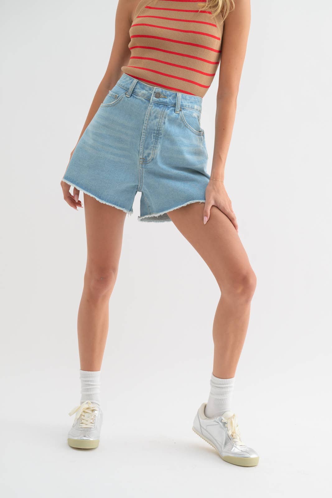 Cotton Denim Shorts with Distressed Detail