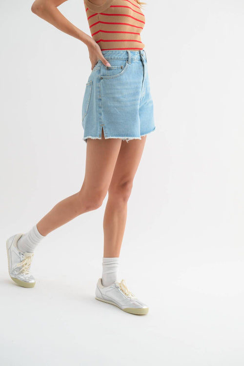 Cotton Denim Shorts with Distressed Detail