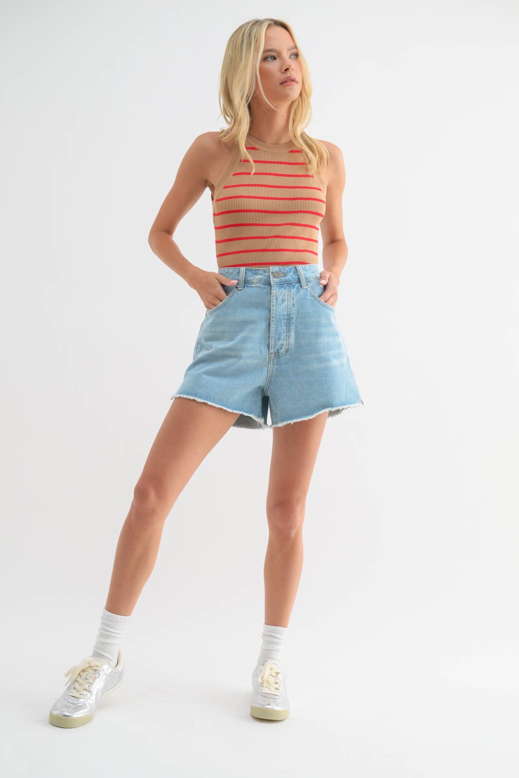 Cotton Denim Shorts with Distressed Detail