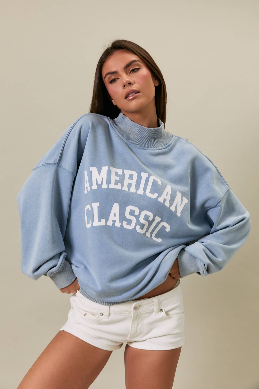 OVERSIZED REVERSIBLE "AMERICAN CLASSIC" MOCK NECK SWEATSHIRT