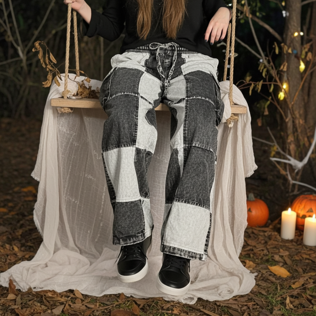 Cotton Black & White Patch Wide Leg Cargo Pant D955