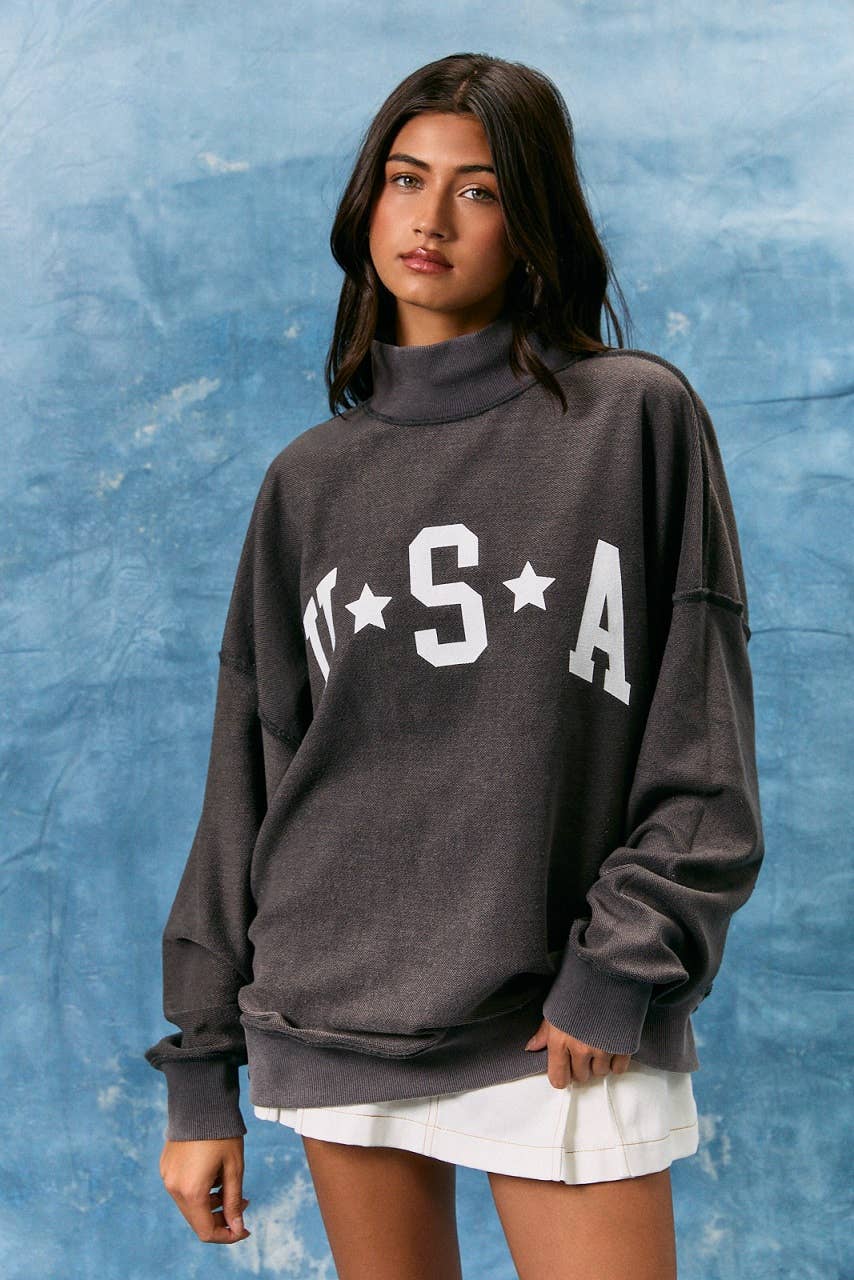 OVERSIZED REVERSIBLE "AMERICAN CLASSIC" MOCK NECK SWEATSHIRT