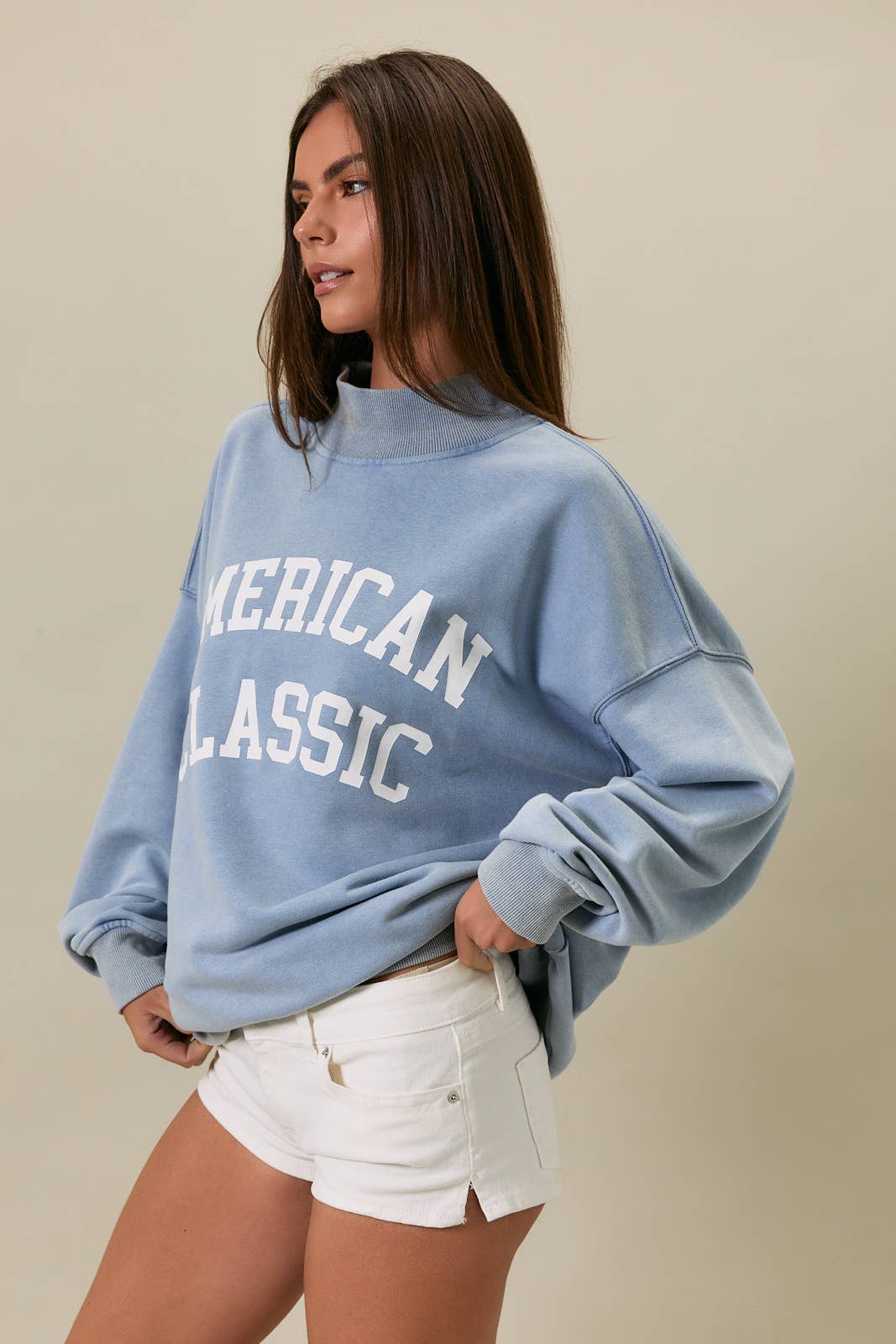 OVERSIZED REVERSIBLE "AMERICAN CLASSIC" MOCK NECK SWEATSHIRT